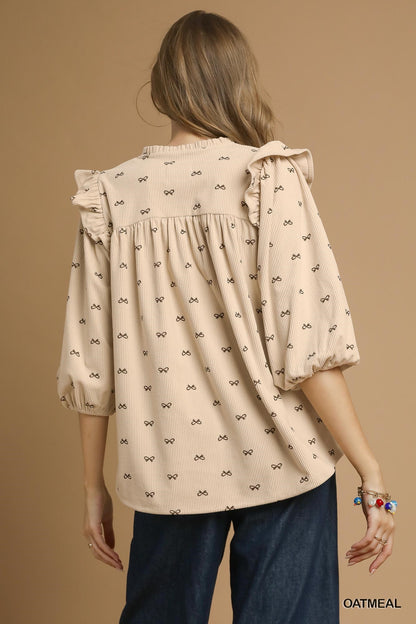 Bow Print Corduroy Top