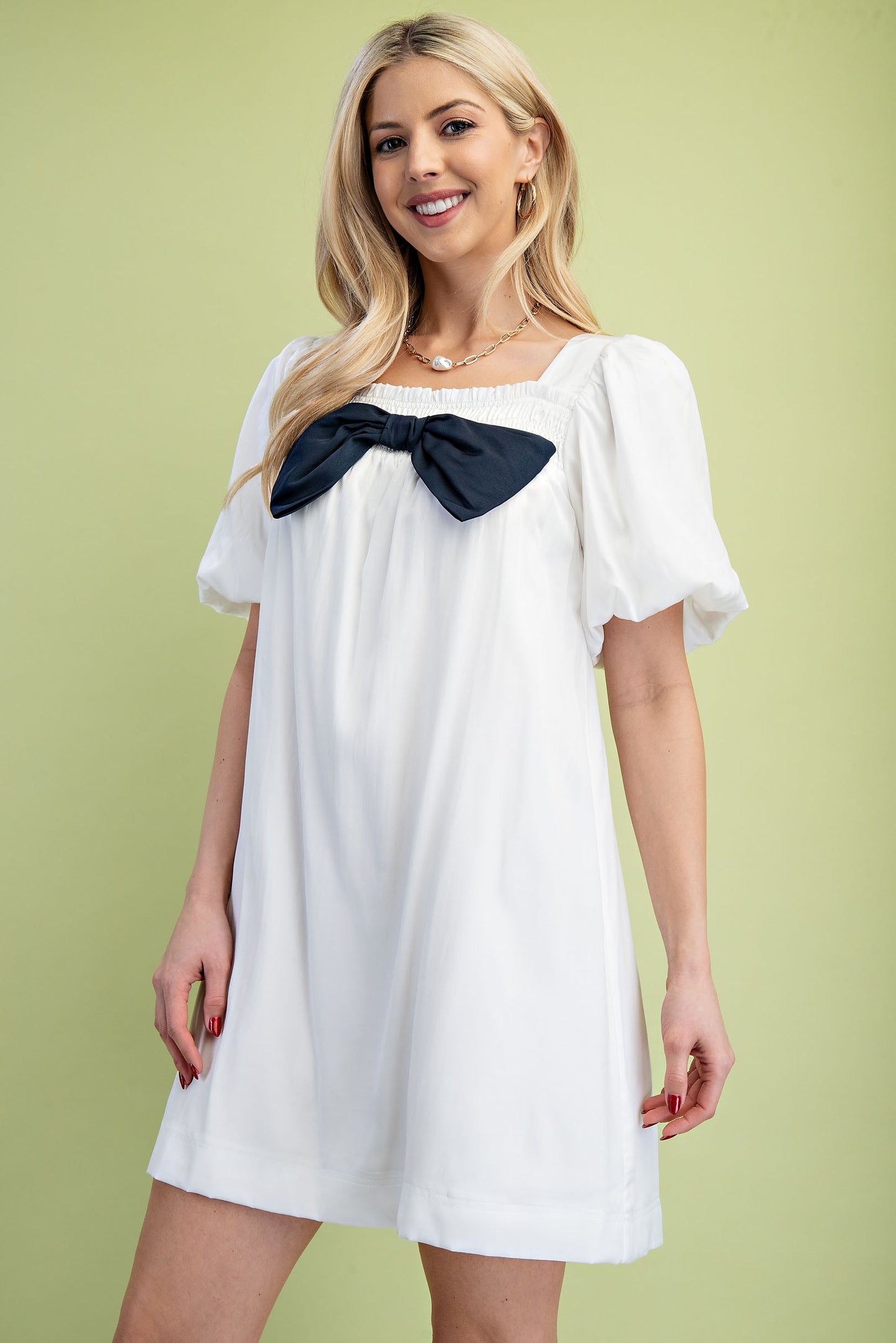 Navy Bow Off White Puff Sleeve Mini Dress