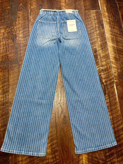 High Rise Striped Drawcord Wide Leg Jeans