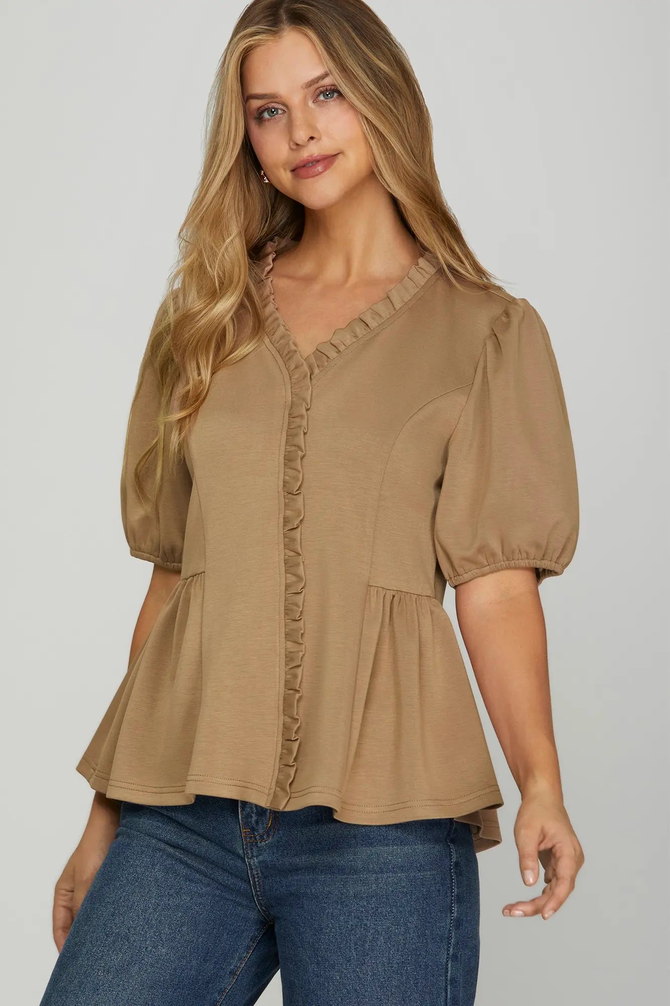 Mocha Short Sleeve Ruffle Neck Top