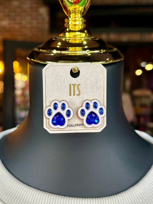 Blue & White Jeweled Paw Print Earrings
