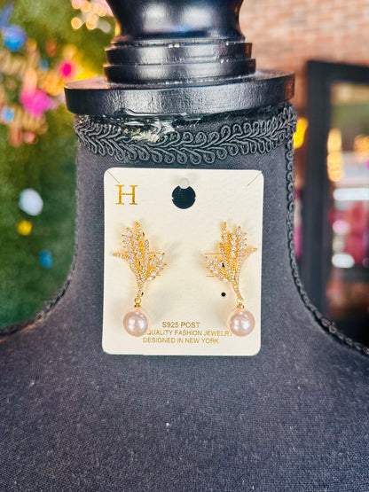 Gold Pave Branch & Pearl Earrings