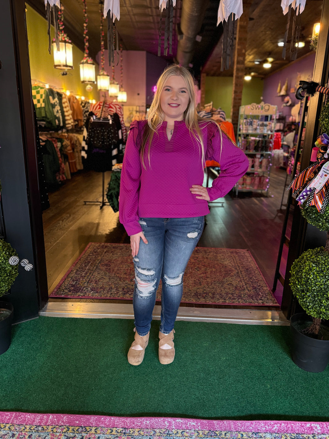 Magenta Ruffle Shoulder Top