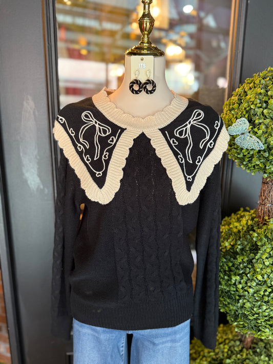Black Bow Embroidered Cable Knit Sweater