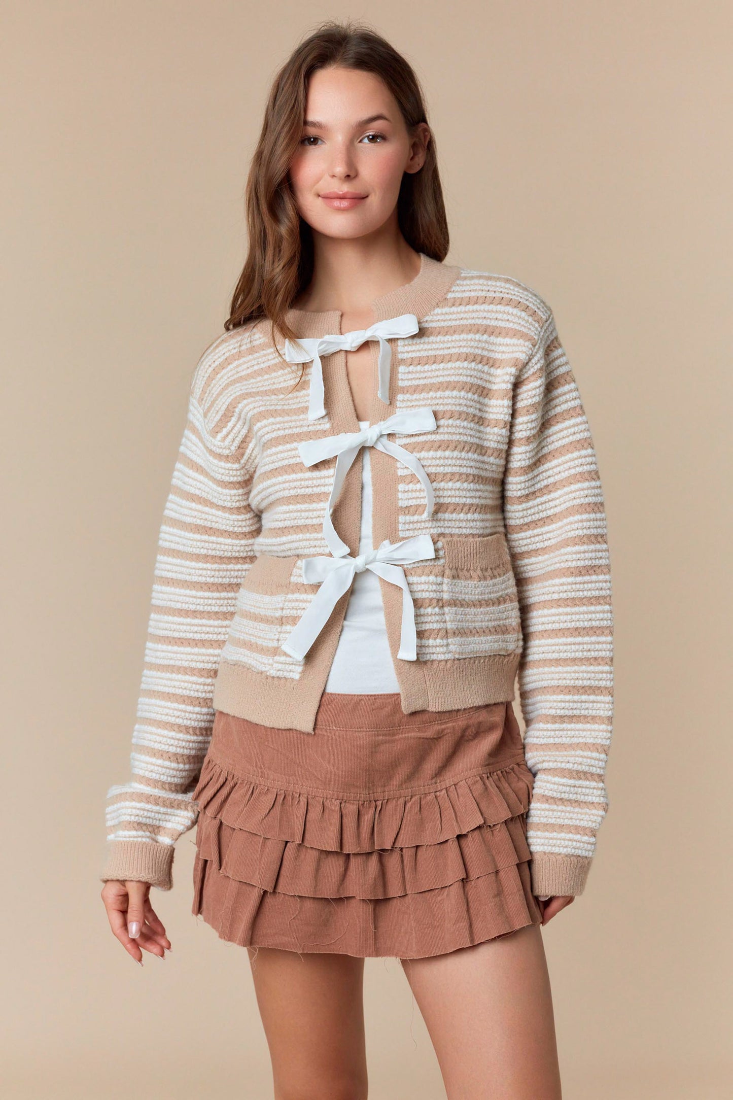 Taupe & Ivory Striped Bow Cardigan
