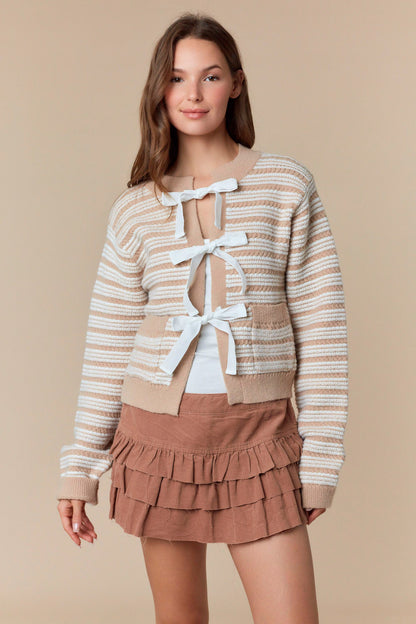 Taupe & Ivory Striped Bow Cardigan