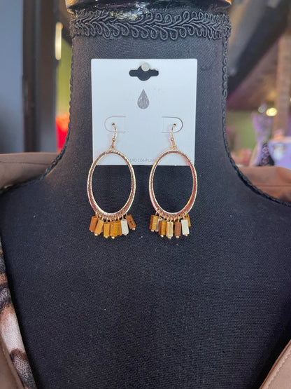 Gold Oval & Wooden Charm Dangle Earrings