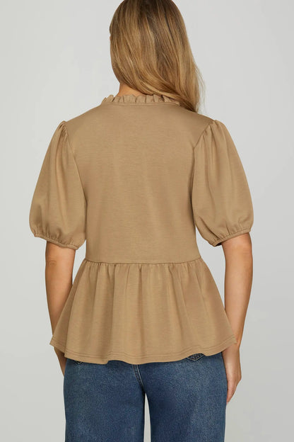 Mocha Short Sleeve Ruffle Neck Top