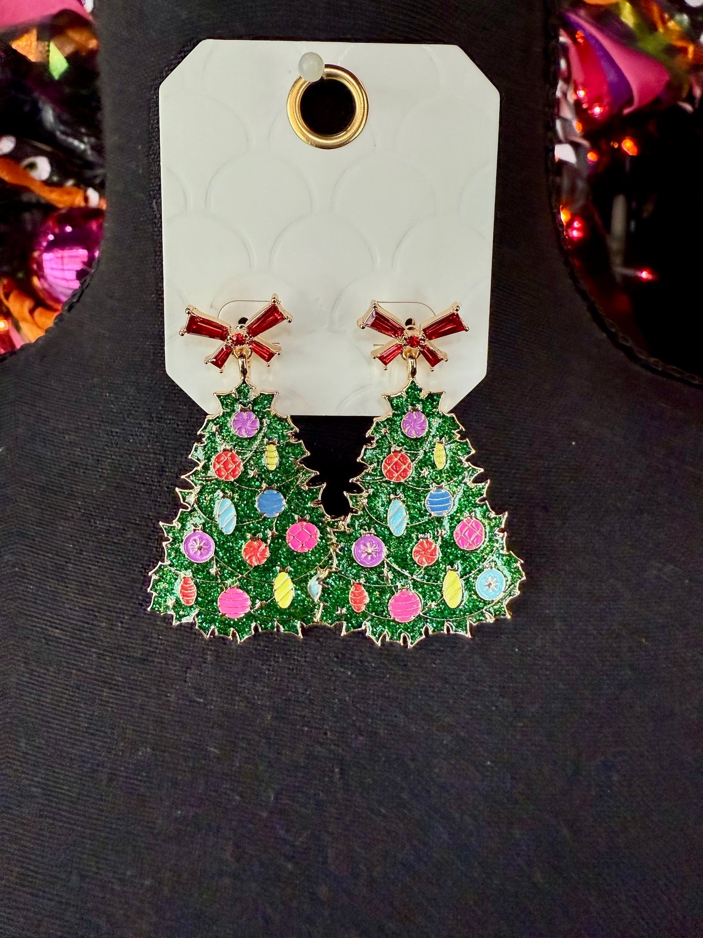Glitter Christmas Tree & Colorful Ornaments Earrings