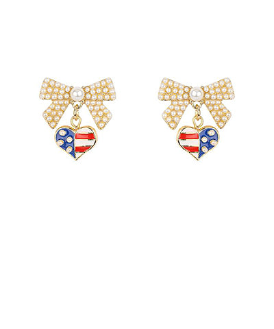 Pearl Embellished Bow & Patriotic Heart Drop Earrings