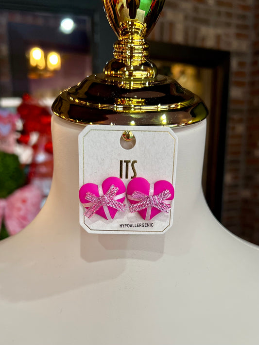 Fuchsia Heart & Ribbon Earrings