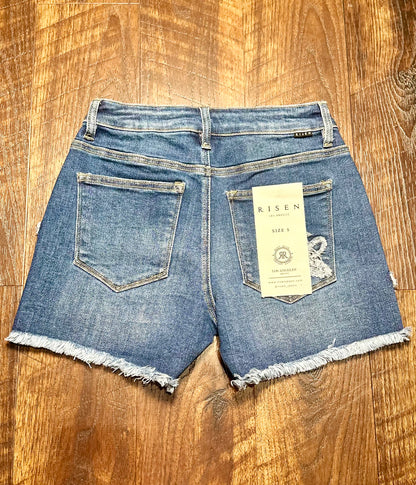 Risen Flower Embroidered Denim Shorts