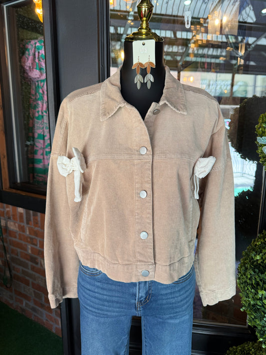 Bow-Tacked Taupe Corduroy Jacket