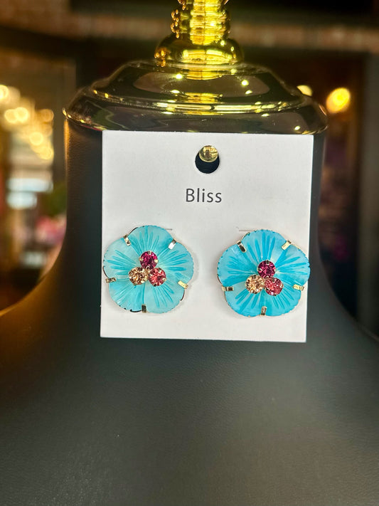 Blue Rhinestone Center Flower Studs