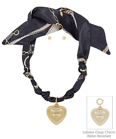 Black & Gold Heart Charm Scarf Necklace