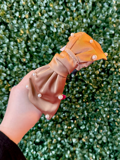 Light Brown Pearl Embellished Silk Bow Headband