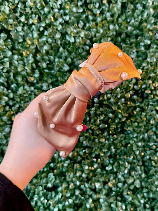 Light Brown Pearl Embellished Silk Bow Headband