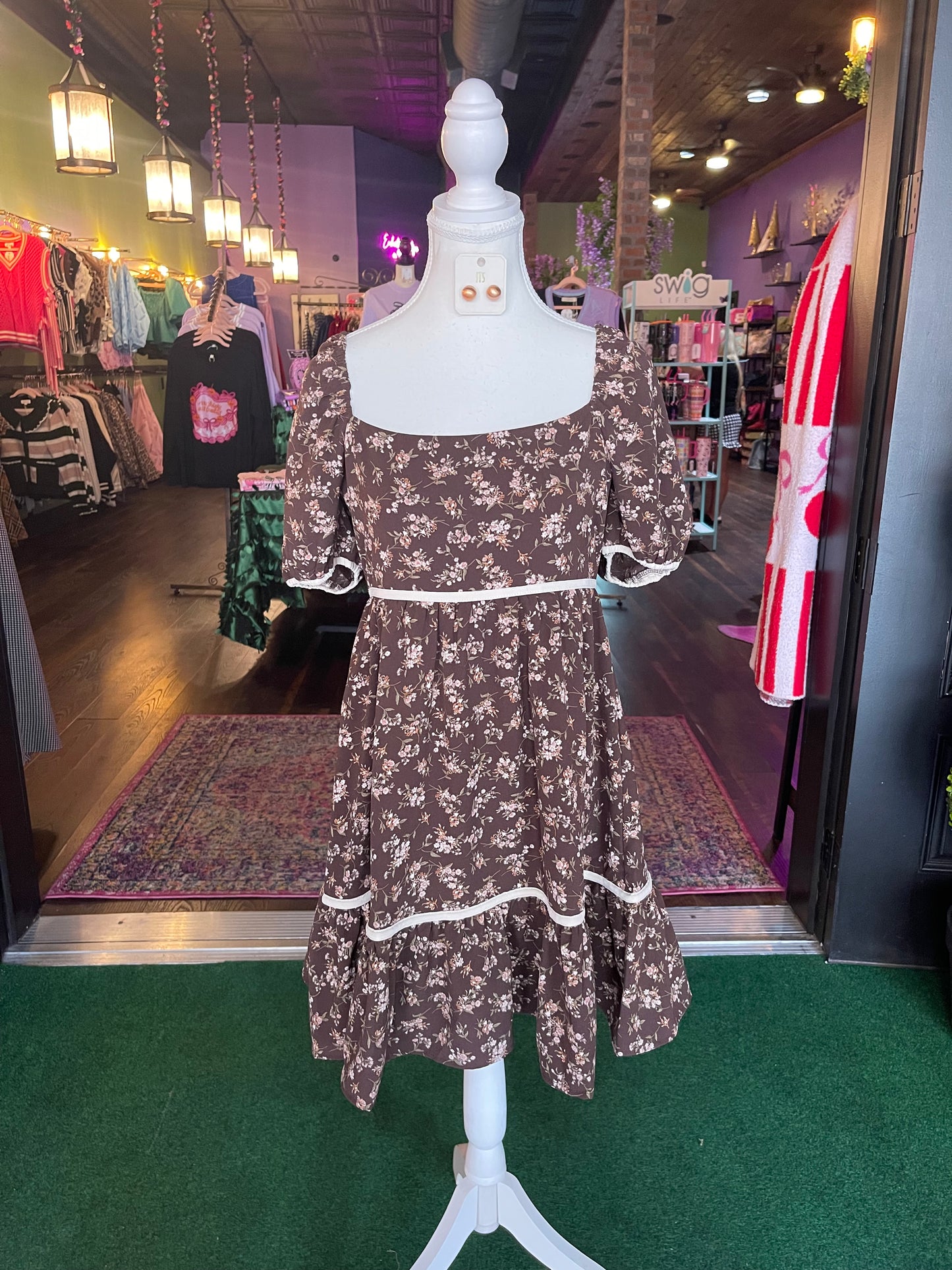 Brown Floral Puff Sleeve Dress