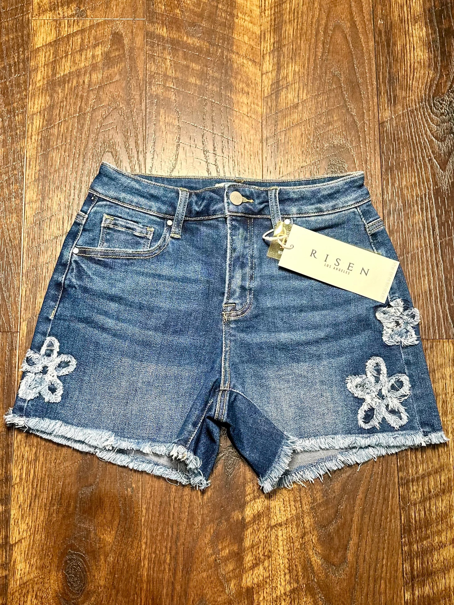 Risen Flower Embroidered Denim Shorts
