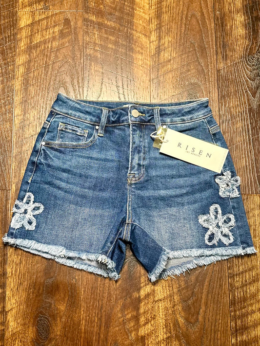 Risen Flower Embroidered Denim Shorts