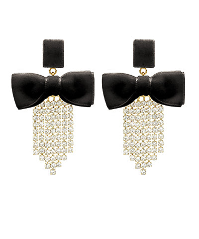 Black Velvet Bow & Rhinestone Fringe Earrings