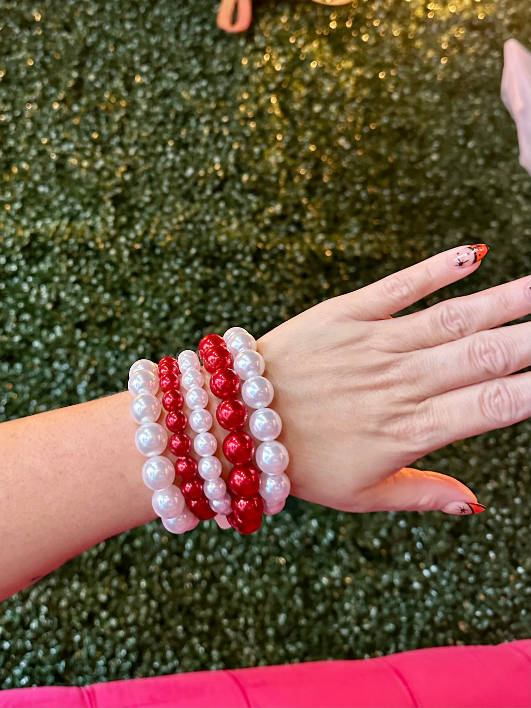 Red & White Pearl Bracelet Set