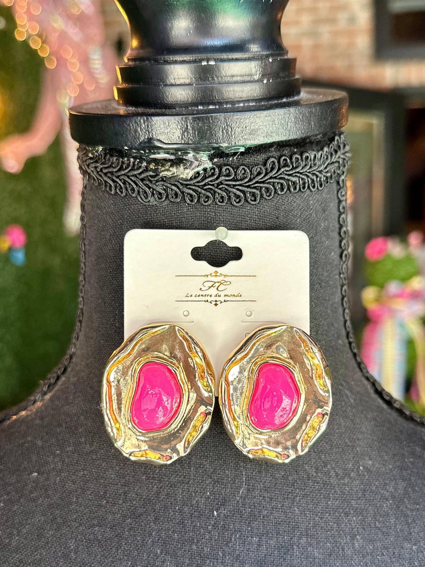 Fuchsia Stone & Molten Gold Earrings