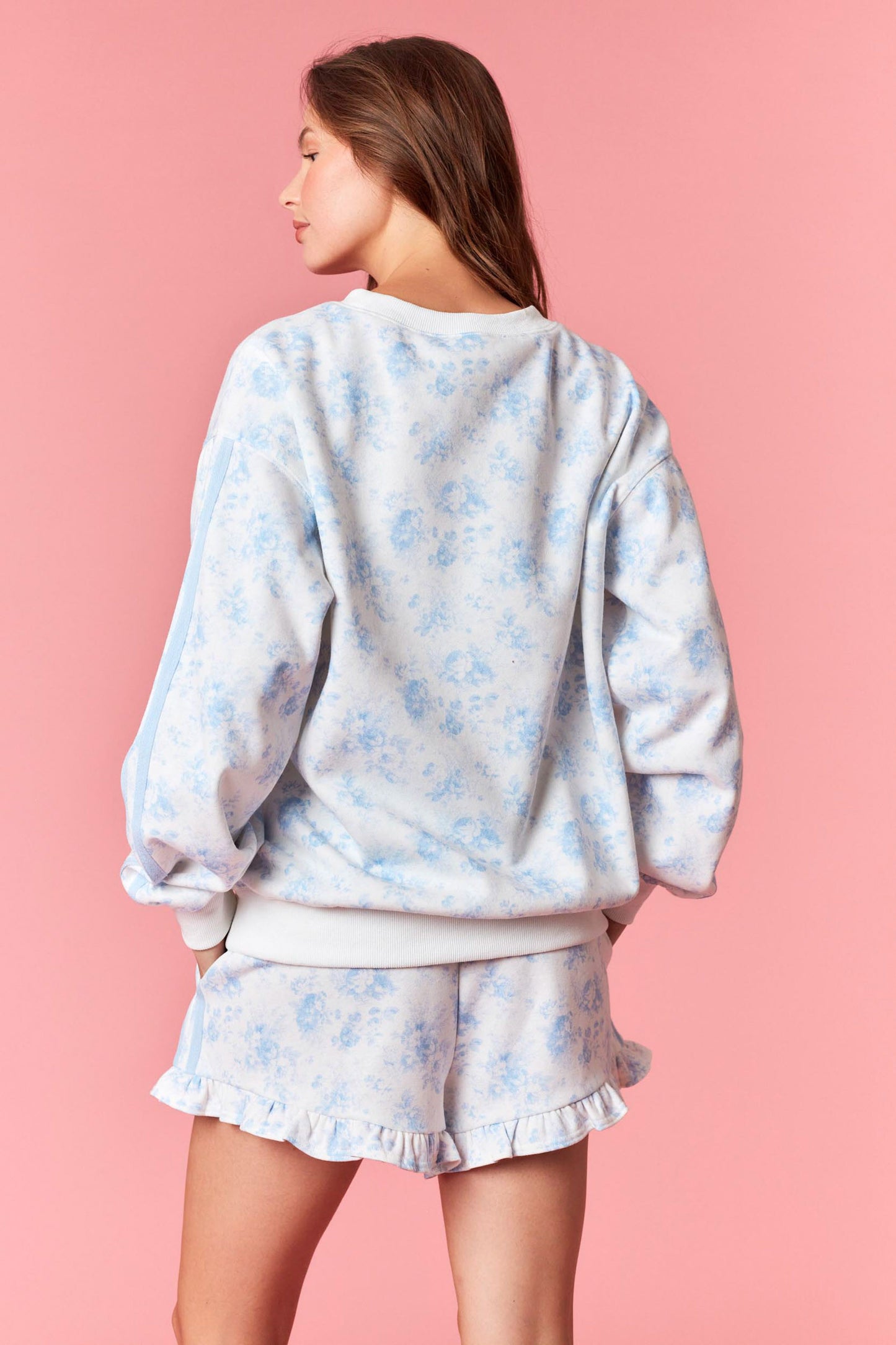 Light Blue Floral French Terry Sweatshirt & Shorts Set