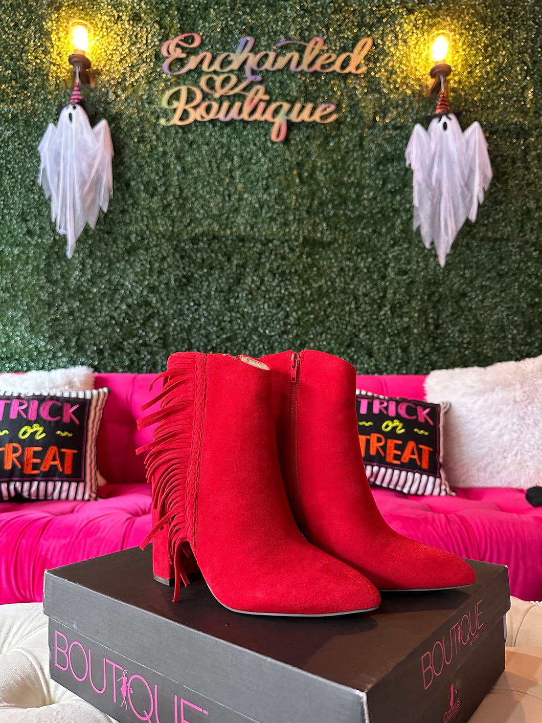 Westbound Red Suede booties w/ fringe