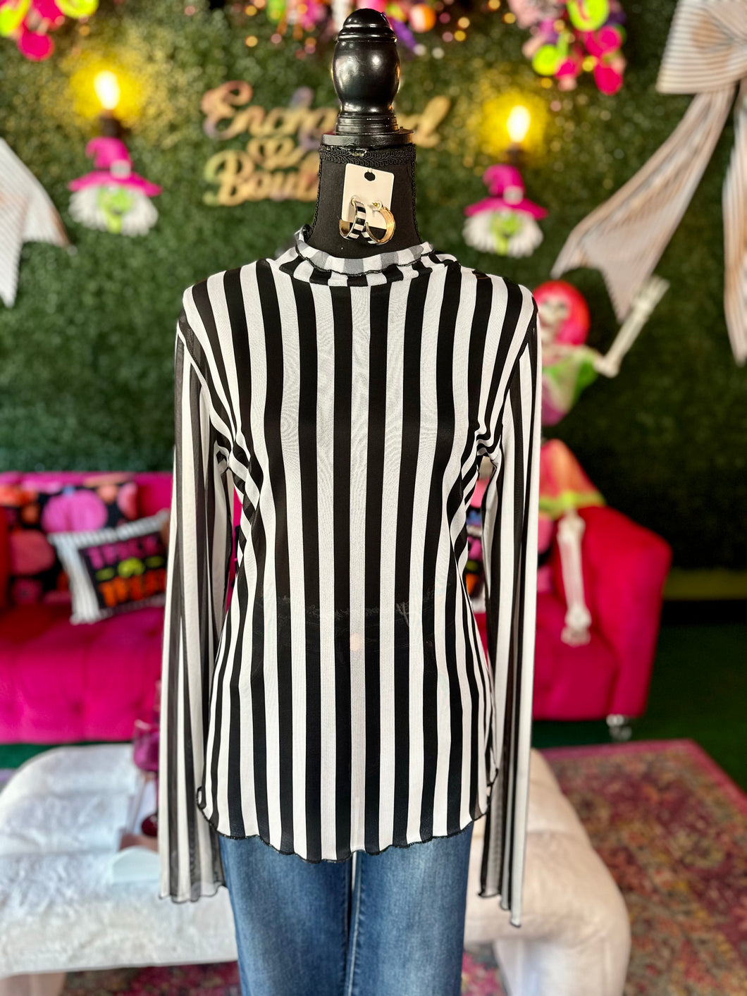 Black & White Striped Mesh Top
