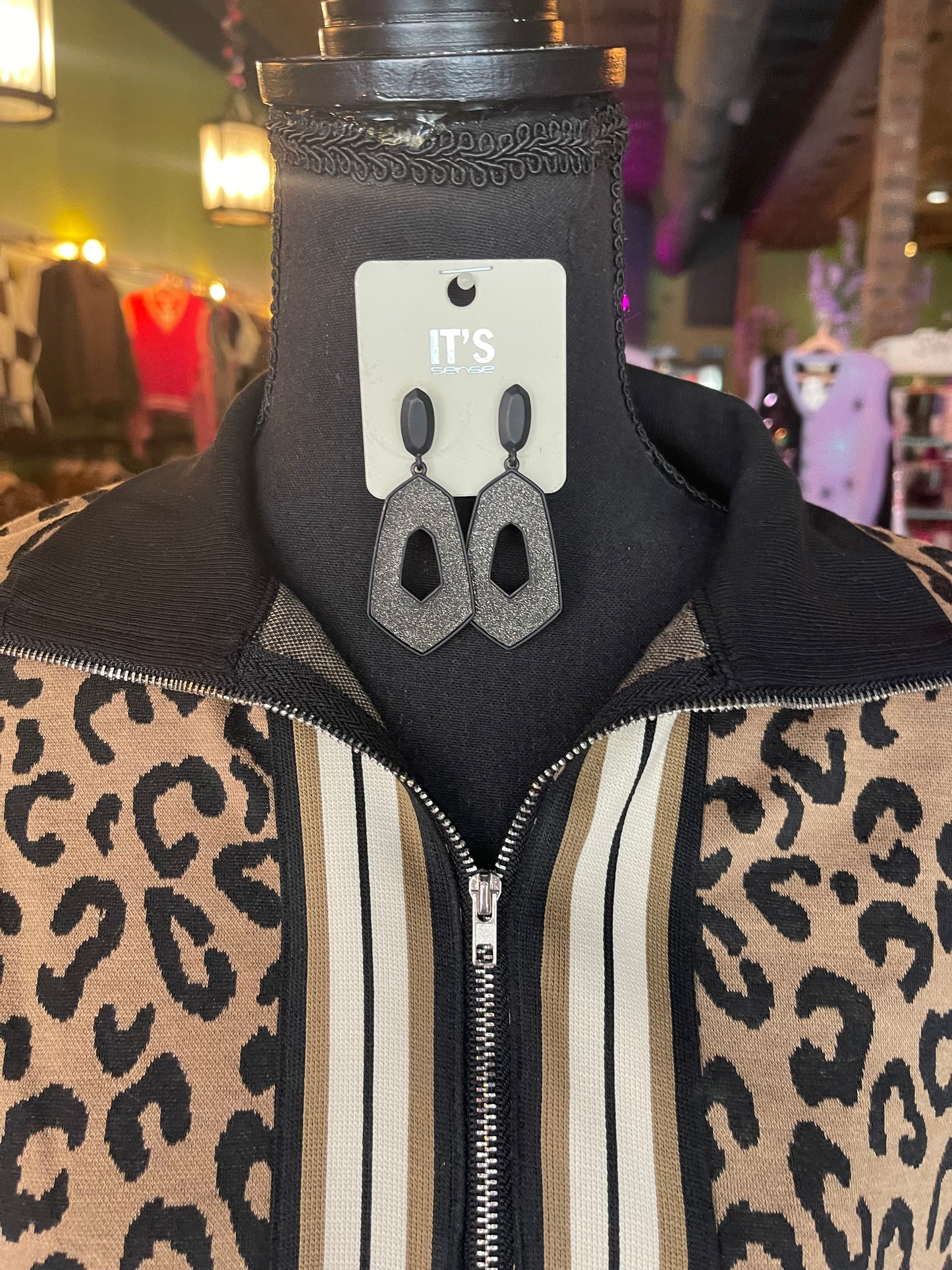 Black Glitter Hexagonal Earrings