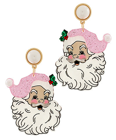 Pink Glitter Santa Face Earrings