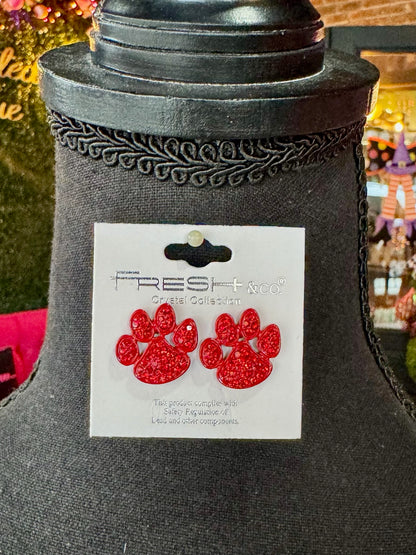 Red Rhinestone Paw Print Studs