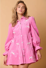 Load image into Gallery viewer, Pink Corduroy Shirt Dress With Bows
