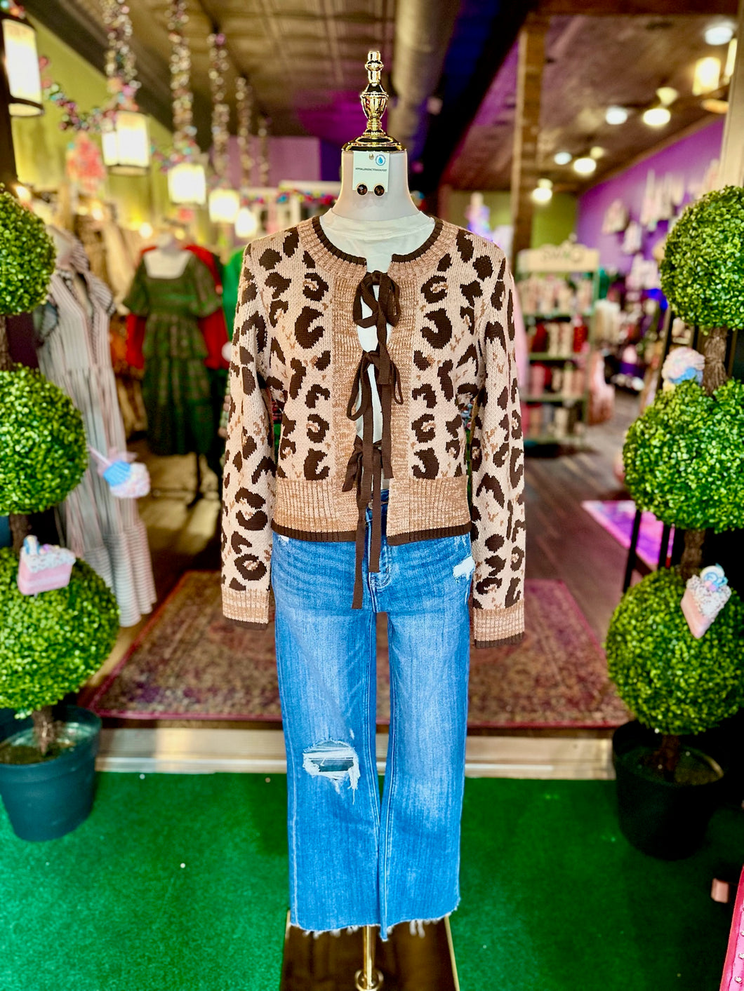 Leopard Print Bow-Tie Long Sleeve Cardigan