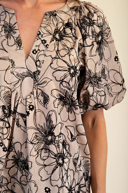 Taupe V-Neck Floral Stitched Blouse