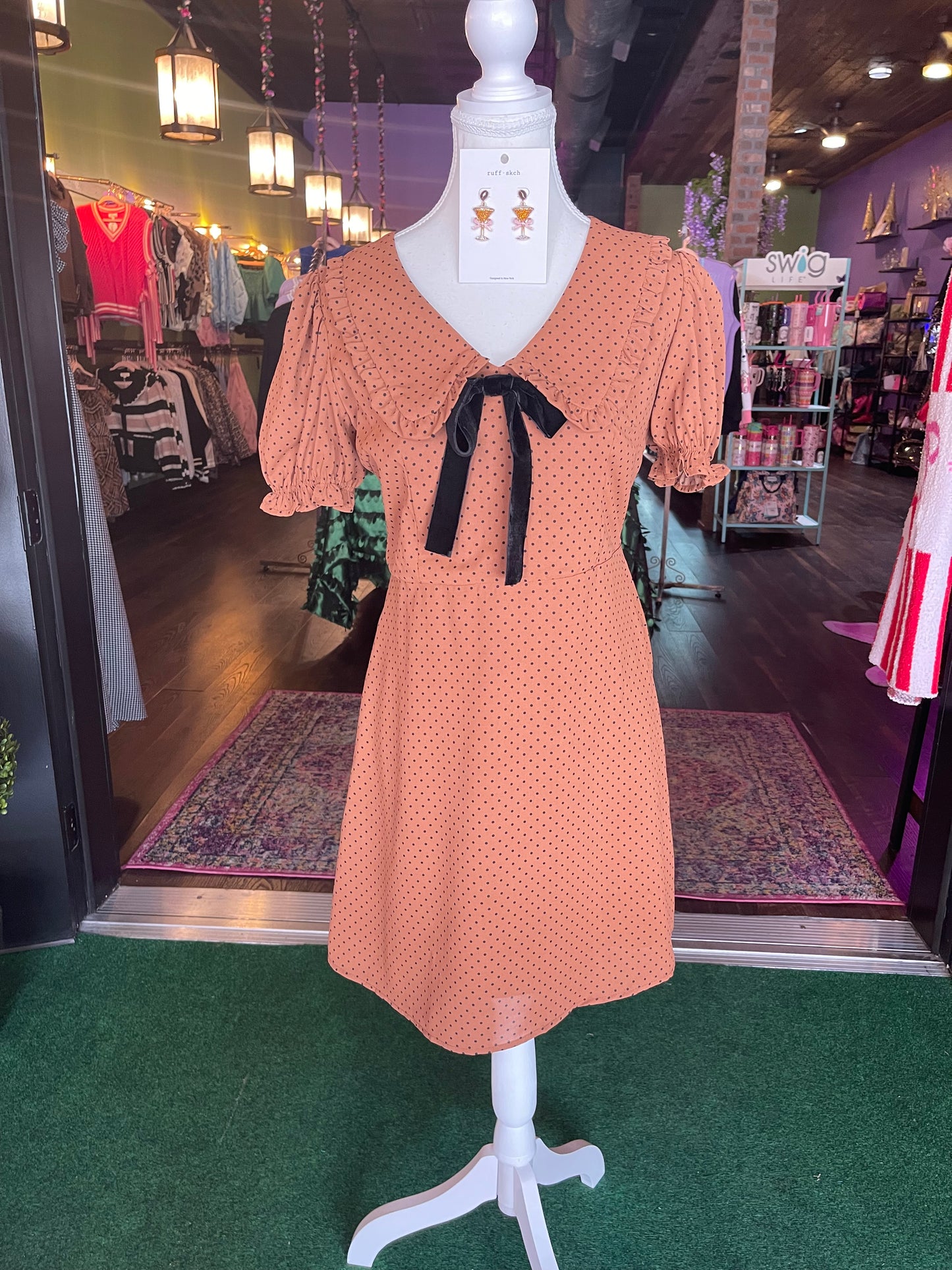 Brown Polka Dot Collared Mini Dress