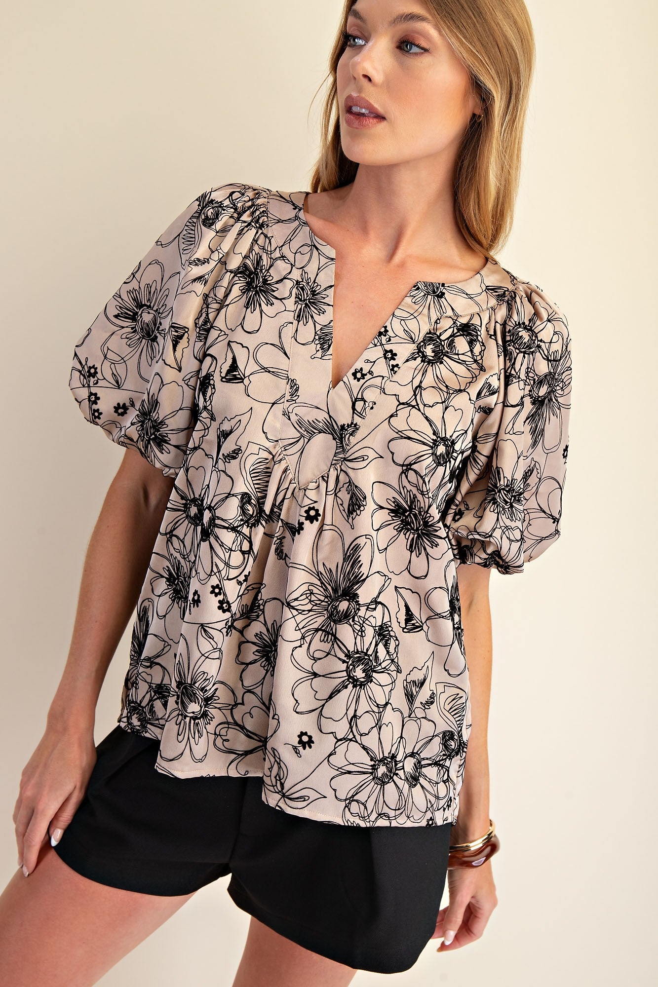 Taupe V-Neck Floral Stitched Blouse