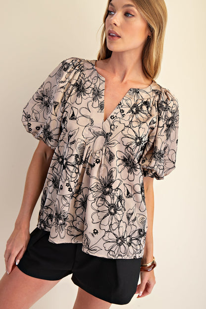 Taupe V-Neck Floral Stitched Blouse