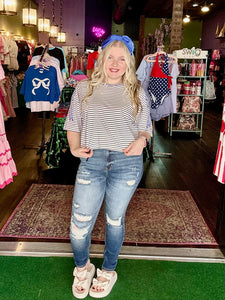 Blue & White Striped Bow Embroidered Cropped Top