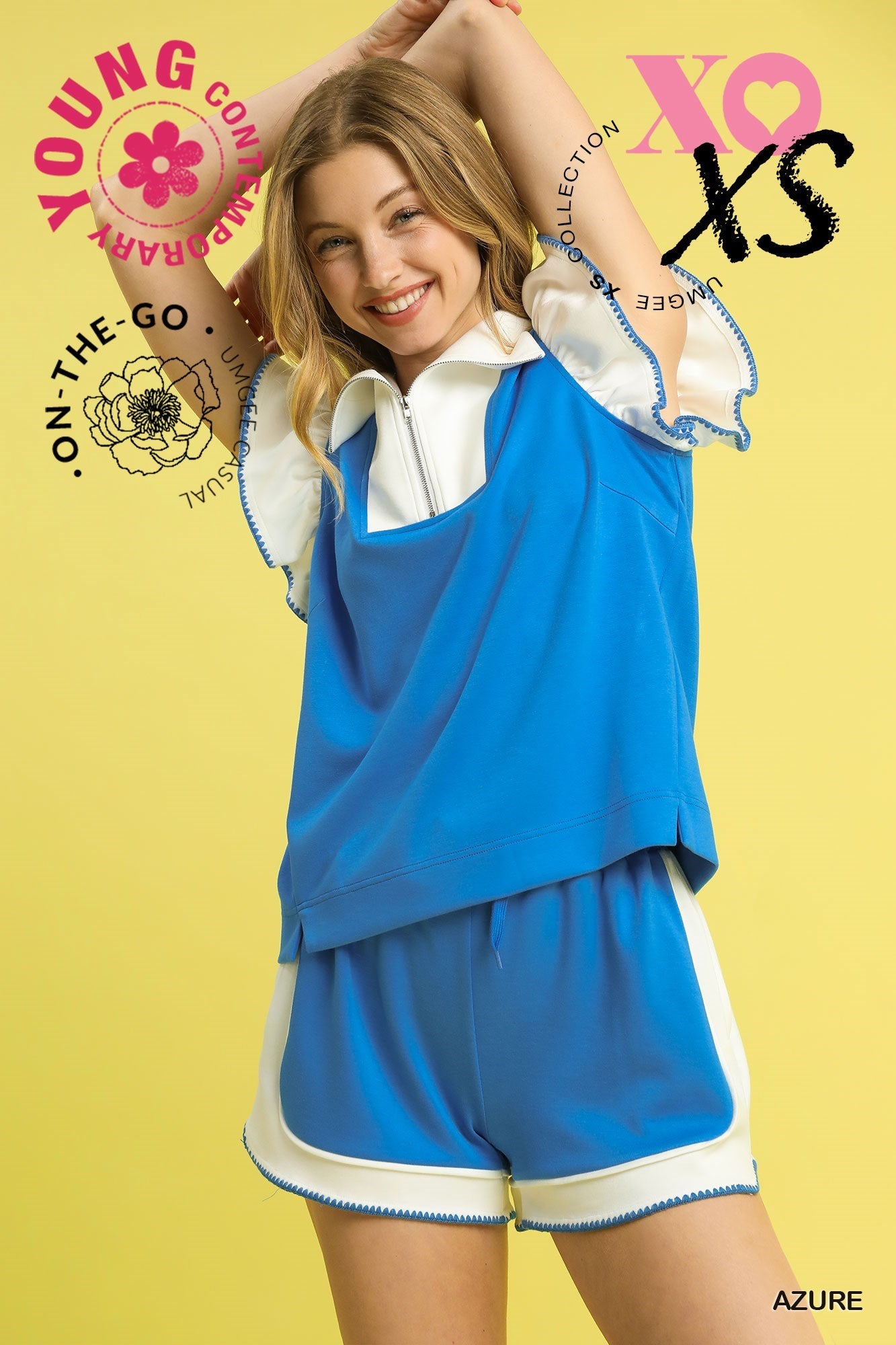 Azure Luxeknit Ruffle Sleeve Top & Shorts Set