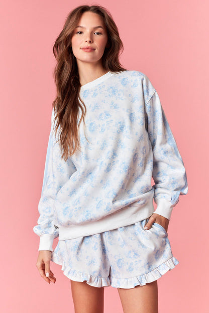 Light Blue Floral French Terry Sweatshirt & Shorts Set
