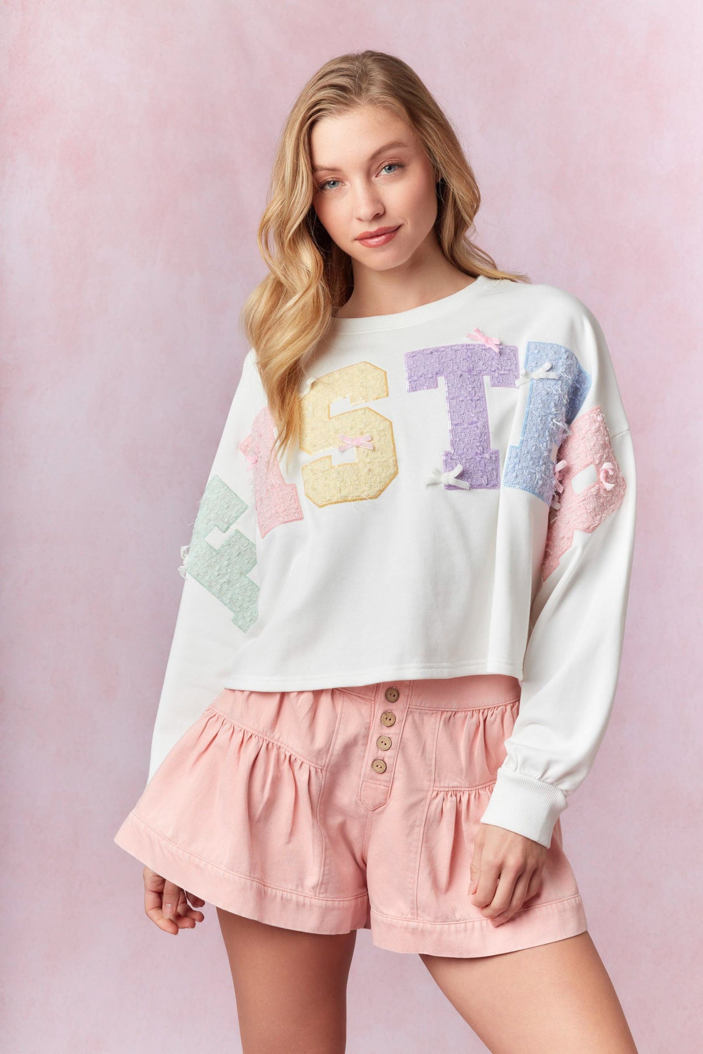 Tweed Embroidered “Easter” Cropped Sweatshirt