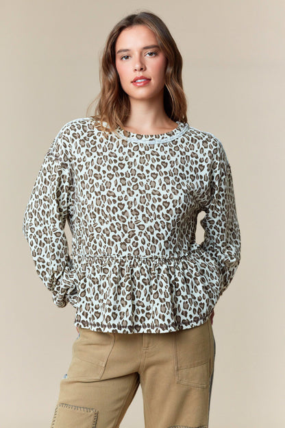 Leopard Print French Terry Ruffle Hem Sweatshirt