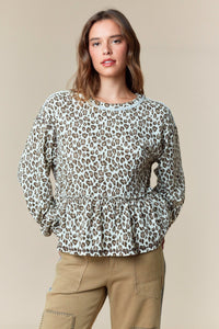Leopard Print French Terry Ruffle Hem Sweatshirt