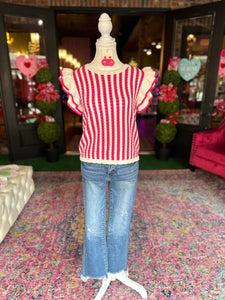 Pink & White Striped Short Sleeve Knit Sweater