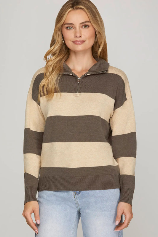 Mocha Striped Half Zip Sweater
