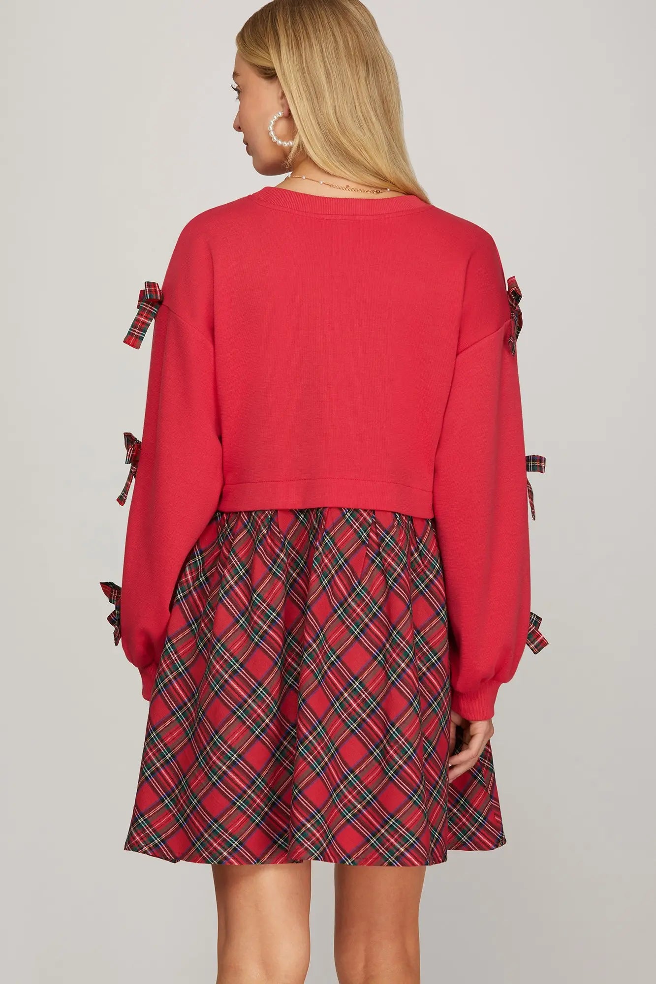 Long Sleeve Christmas Plaid Bow Dress