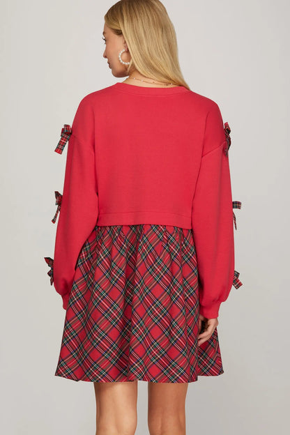 Long Sleeve Christmas Plaid Bow Dress