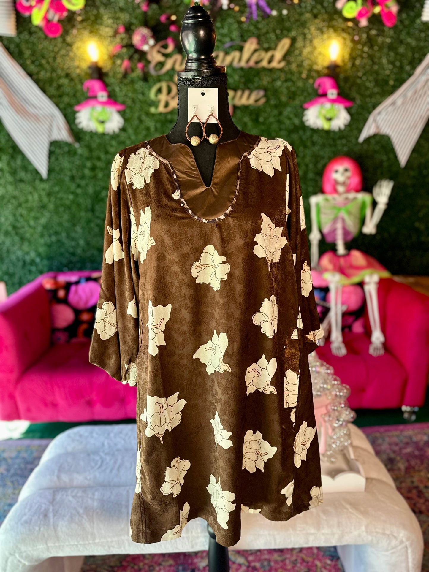 Brown Hibiscus Floral Shift Dress